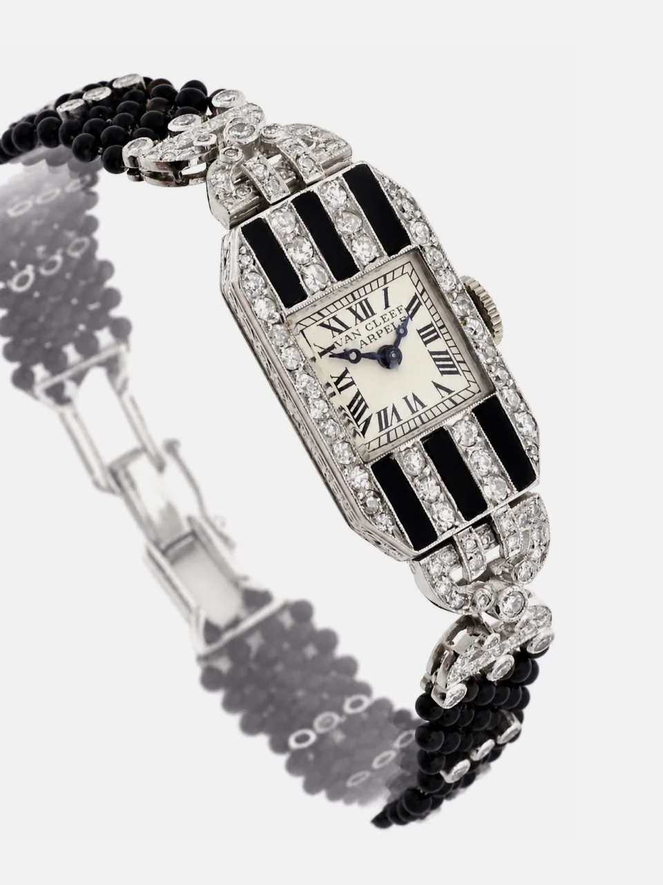 Swiss Ladies Platinum and Onyx Wrist Watch by Van Cleef & Arpels, circa 1930